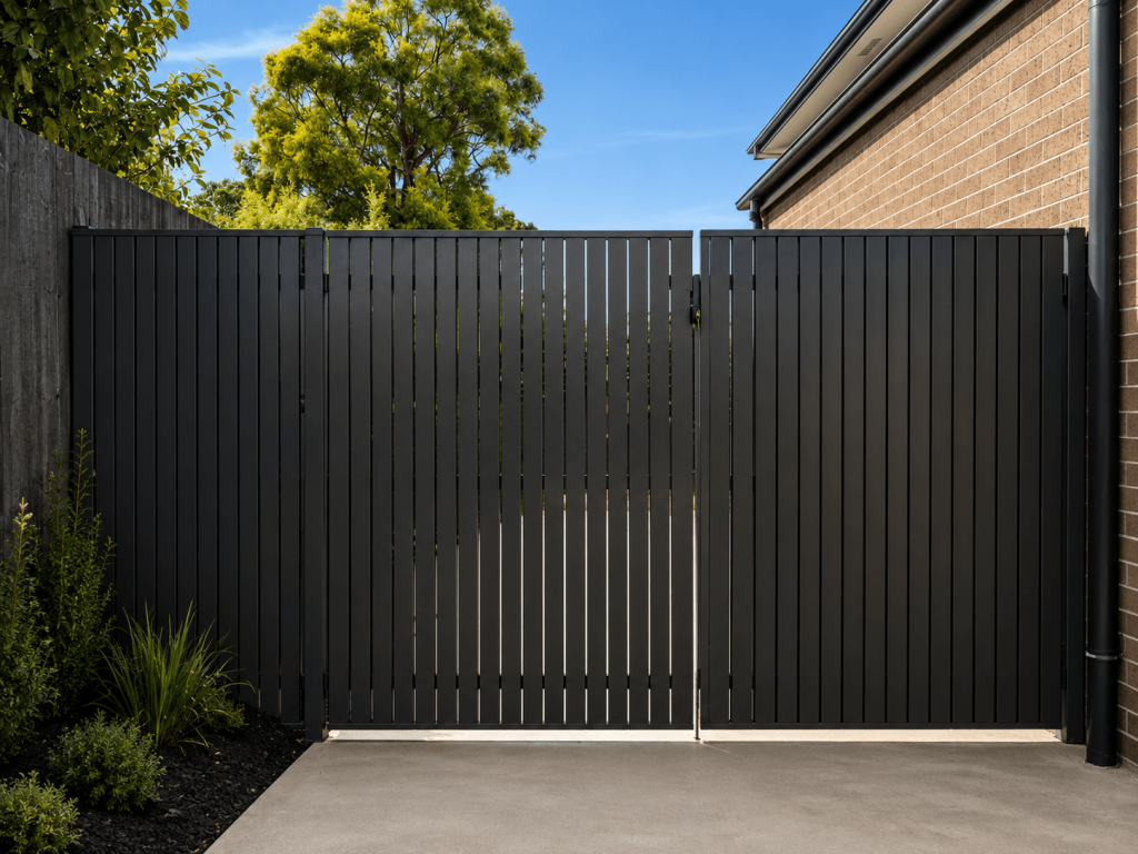 Automatic driveway gate paired with aluminium slat fencing on a Northern Beaches property