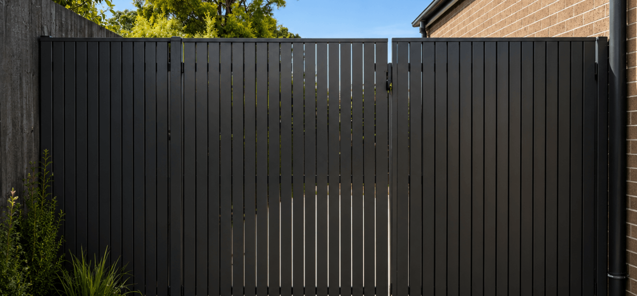 Automatic driveway gate paired with aluminium slat fencing on a Northern Beaches property