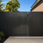 Automatic driveway gate paired with aluminium slat fencing on a Northern Beaches property