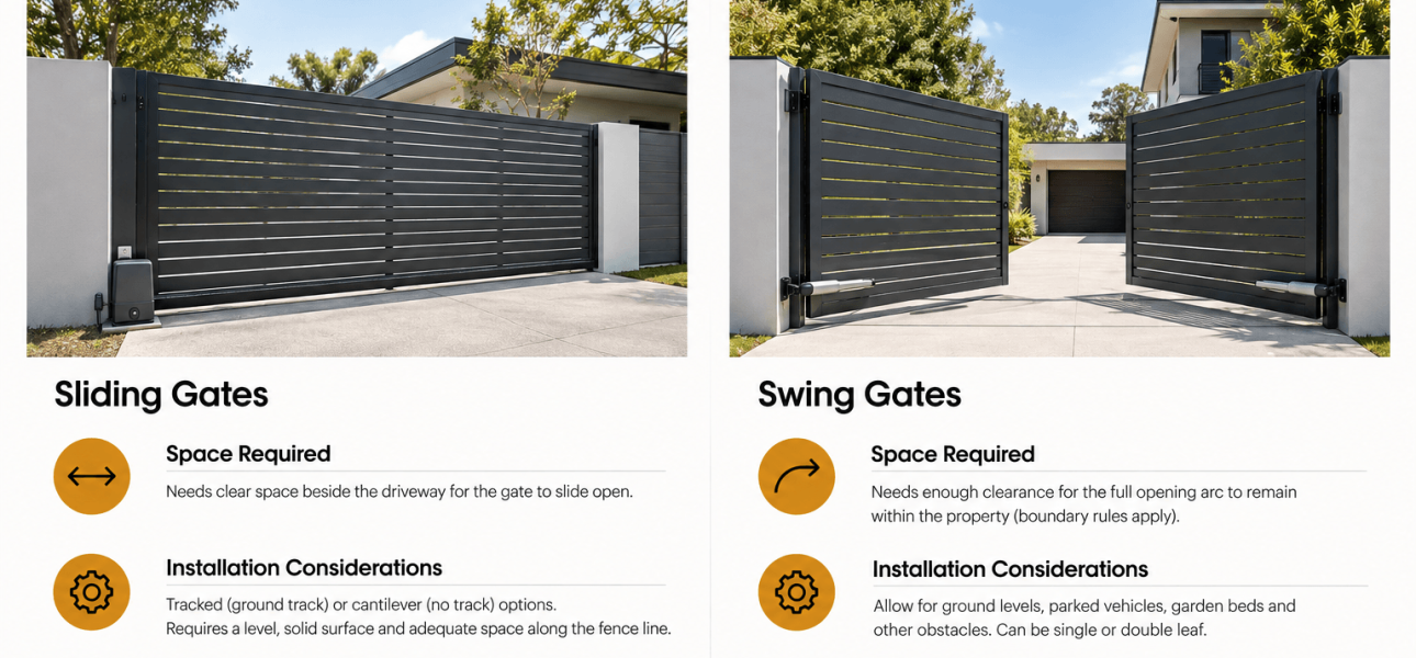 Sliding vs swing automatic gates comparison showing space requirements and best use cases