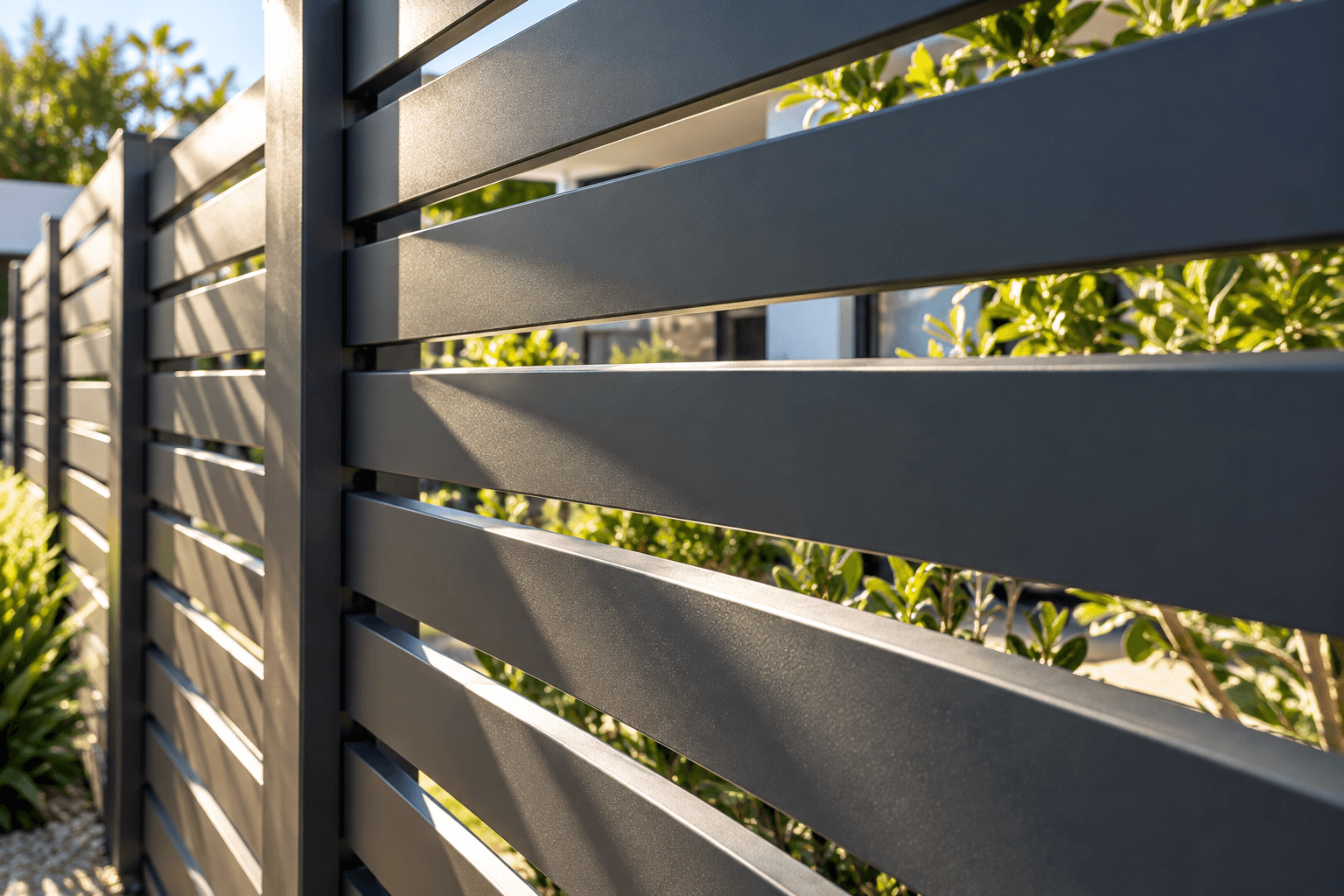 Close-up of aluminium fence slat spacing and angles showing options for privacy and airflow