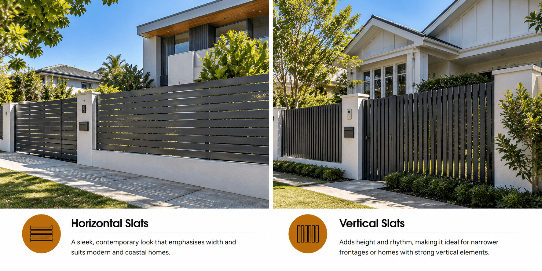 Horizontal vs vertical aluminium slat fencing comparison showing different styles for Northern Beaches homes