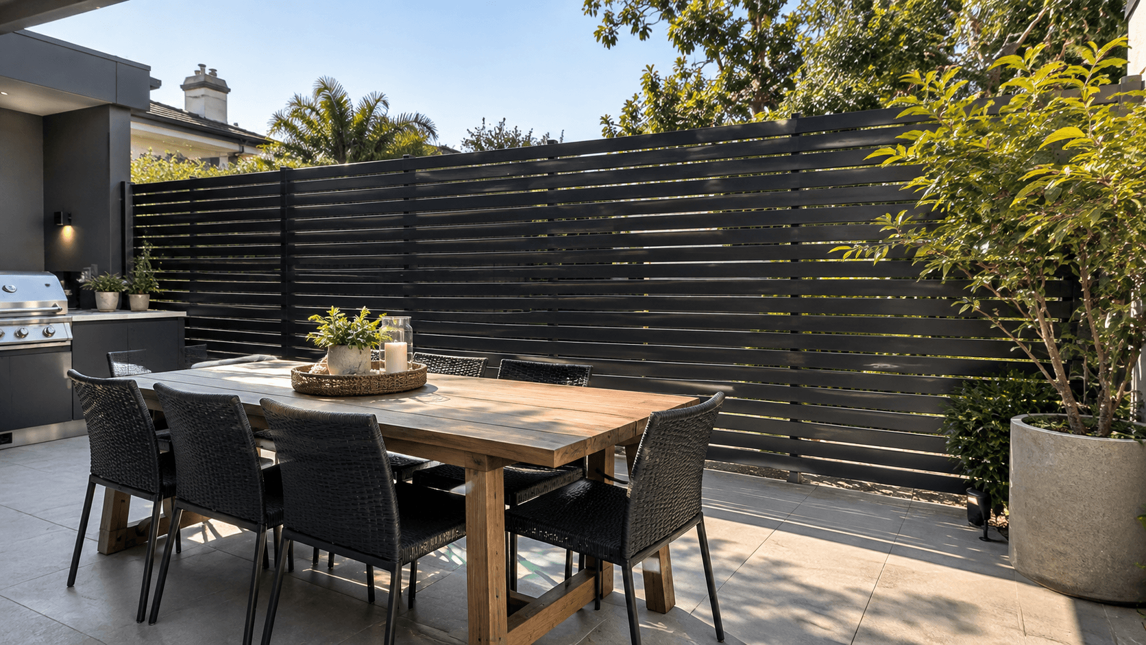 Aluminium privacy screen creating a private alfresco dining area at a Northern Beaches home